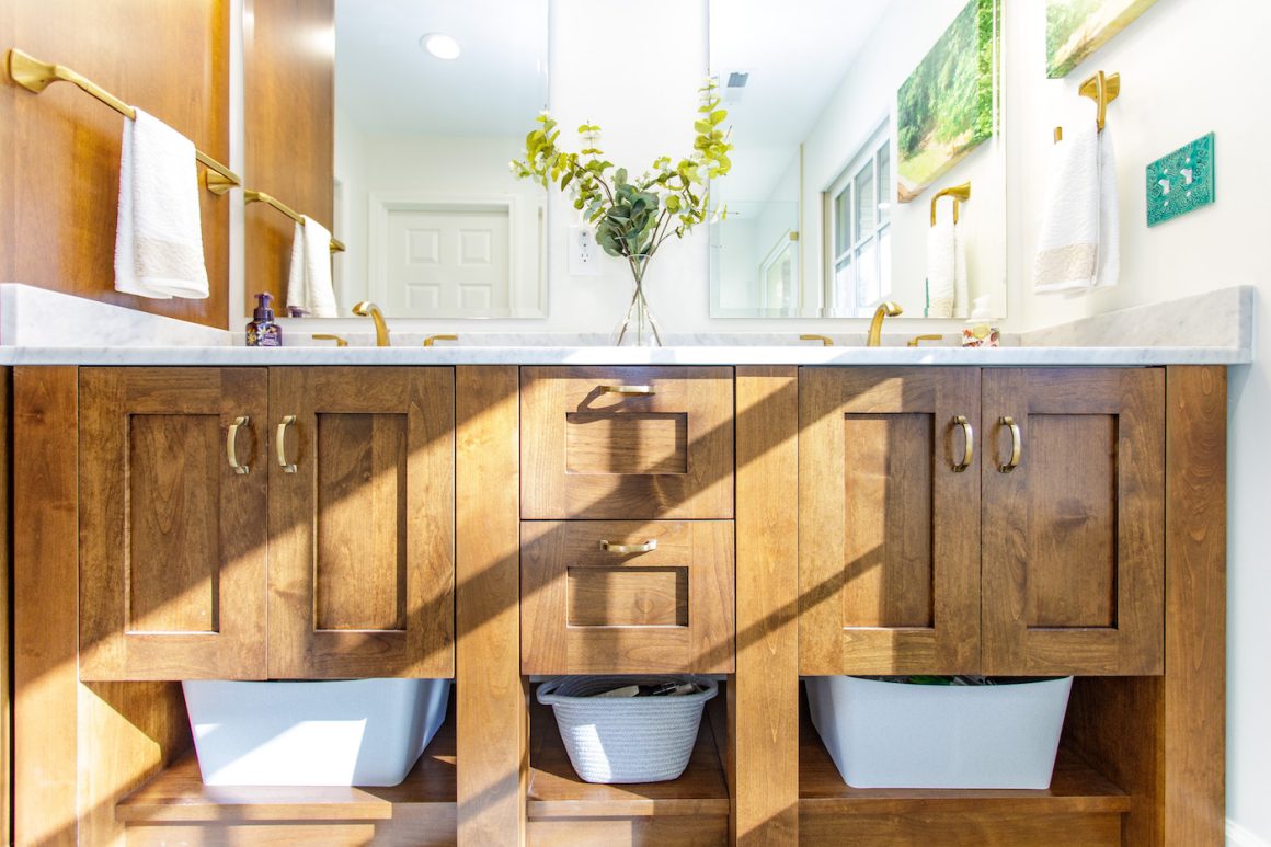 bathroom vanity in a watershed builders home