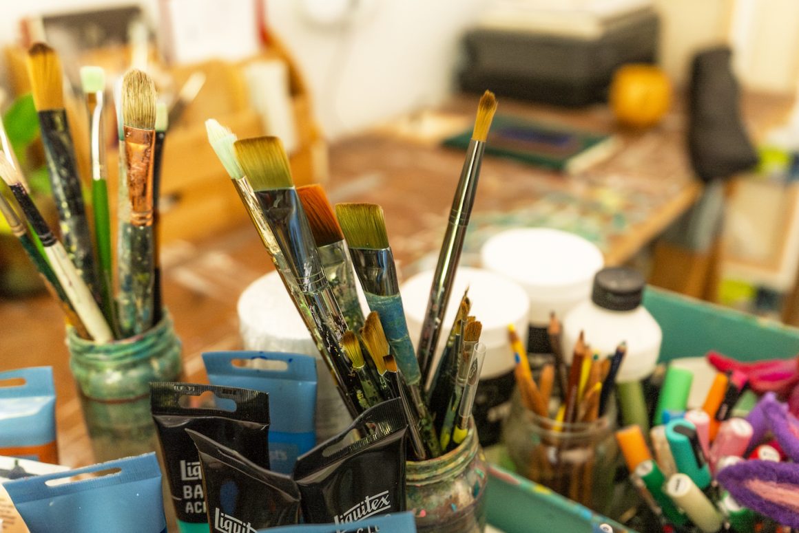 painting supplies in the studio of kate schulz