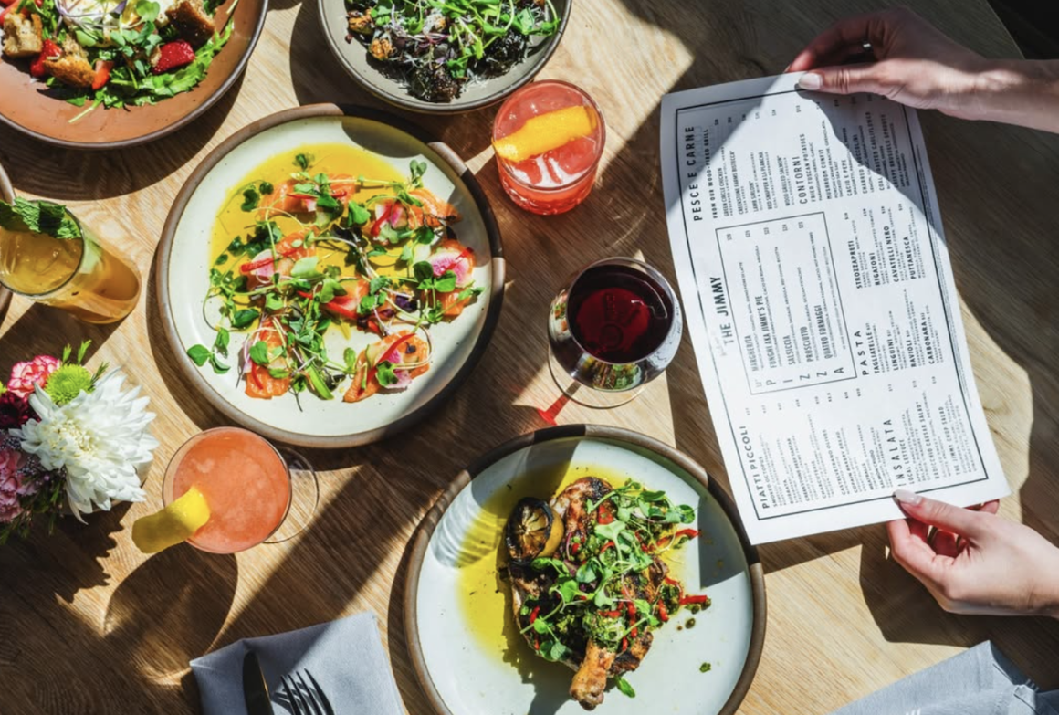 plates of food and a menu from the jimmy in charlotte nc
