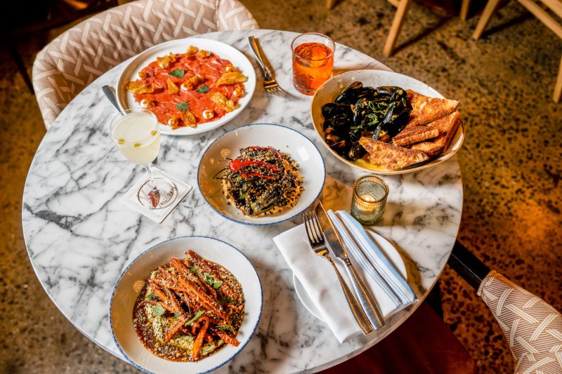 table full of food at henrietta's in charlotte