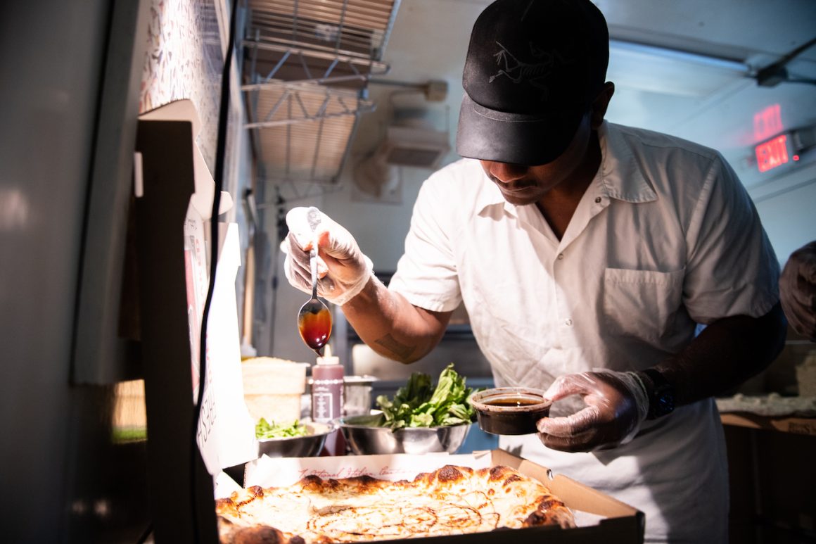 pizza being made at bird